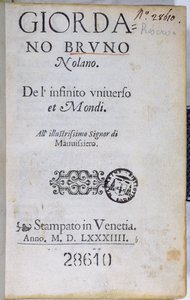 Res 28610 De lInfinito Universo et Mondi by Giordano Bruno的标题页，于1584年在伦敦出版（印刷纸） 作者 英语学校
