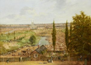 1844 年的罗贝斯农场（现为伦敦卡姆登的安普希尔广场）； 刻有“1844 年曾经著名的罗贝斯农场汉普斯特德路（现为安普特希尔广场）的所有遗迹”（标签反面）； 面板上的油； 33 x 45.5 厘米 作者 英语学校