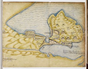 理查德-格伦威尔的廷塔吉尔平面图，约 1583 年（纸上钢笔和水彩画） 作者 英语学校