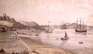 有航运和多佛尔马车的河流景观，约1800年（水笔）（对72977）。 作者 英语学校