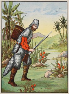 Robinson Crusoe，来自“鲁宾逊漂流记的故事”中的插图：一个改编自德波斯语言后的儿童，酒吧。由格里菲斯法兰布朗有限公司，伦敦 作者 英语学校