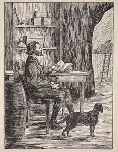 Robinson Crusoe在他的洞穴中，来自“鲁宾逊漂流记的故事”中的插图：一个适应儿童的Defoes语言，酒吧。由格里菲斯法兰布朗有限公司，伦敦 作者 英语学校