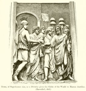 超人大小的罗马，作为一个神性给了Marcus Aurelius世界的地球。 （Bas-Relief;同上） 作者 英语学校