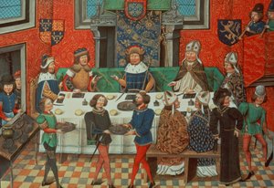 Roy 14 E IV f.244v 兰开斯特公爵与葡萄牙国王共进晚餐，选自 Jean de Batard Wavrin 撰写的《从理查德二世加冕到 1387 年》第三卷 作者 英语学校
