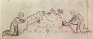 Roy 2 B VII f.155v 妇女用网和雪貂捕捉兔子，出自《玛丽王后诗篇》，约 1310-20 年（牛皮纸） 作者 英语学校