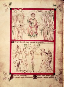 Roy 2 B VII f.3v 神在曼陀罗中，由乐师天使围绕，夏娃的诱惑，选自《玛丽王后诗篇》，约 1310-20 年（牛皮纸） 作者 英语学校