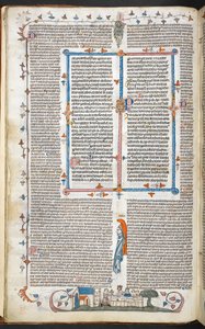 皇家 10 E.IV，f.250v 带有边缘装饰和国王用餐的文本，插图来自 "Smithfield Decretals"（牛皮纸）。 作者 英语学校
