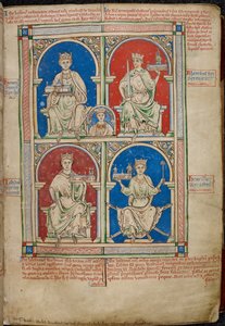 皇家 14 C. VII, f.9 英格兰的四位国王：亨利二世、理查德一世、约翰和亨利三世与威斯敏斯特教堂，选自《盎格鲁史 作者 英语学校
