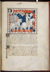皇家 19 B.XV，f.37 白马骑士和他的追随者；上方左侧为约翰，选自 "玛丽王后启示录"（牛皮纸上的墨水、彩色和金色图案） 作者 英语学校