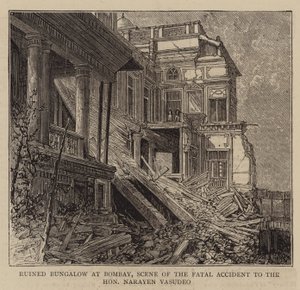 孟买被毁的平房，Narayen Vasudeo 阁下的致命事故现场（版画） 作者 英语学校