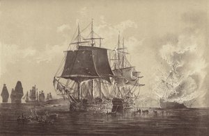 1808 年 8 月 26 日，在波罗的海，由托马斯·比亚姆·马丁船长指挥的 HMS Implacable 在与 HMS Implacable 的行动之后，俄罗斯船 Vsevolod 在俄罗斯舰队面前被摧毁（石版） 作者 英语学校