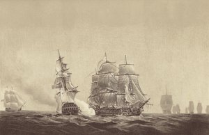 1808 年 8 月 26 日，俄罗斯船只 Vsevolod 号在波罗的海向隶属于瑞典海军、由 Thomas Byam Martin 船长指挥的 HMS Implacable 号展示其旗帜（石版印刷）。 作者 英语学校