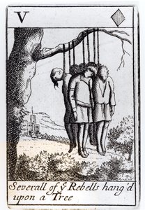 从一棵树上吊下来的几个反叛者，1685年纪念蒙茅斯叛乱的一套心中的五张牌 作者 英语学校