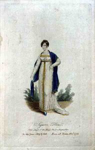 科里尼夫人（生于1784年），1809年和1810年国王剧院的第一歌手（彩色版画）。 作者 英语学校