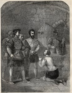 小托马斯-怀亚特爵士（1521-1554）在被处决的路上，庄严地宣布伊丽莎白公主和考特内免于参与他的叛乱--1554年--雕刻自卡塞尔-佩特和加尔平的《英格兰历史》。 作者 英语学校