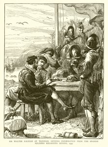 特立尼达的沃尔特·罗利爵士（Sir Walter Raleigh）从1595年的西班牙士兵那里得到关于圭亚那的信息 作者 英语学校