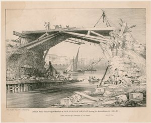 老伦敦桥剪影在它的爆破期间在1831年，1832年 作者 英语学校