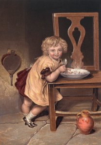 微笑的孩子在椅子上吃饭（彩色石版画） 作者 英语学校