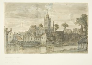 Redcliffe Back 的 St Mary Redcliffe 教堂（背面有狮子的钢笔和墨水图）（纸上铅笔和水彩） 作者 英语学校