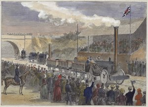 Stephensons Rocket于1829年首次参加Rainhill的机车比赛 作者 英语学校