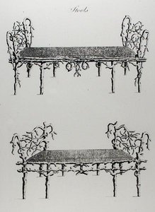 凳子，出自《怪诞建筑，或乡村娱乐》，作者威廉-赖特，1768年出版（雕刻）（黑白照片）。 作者 英语学校