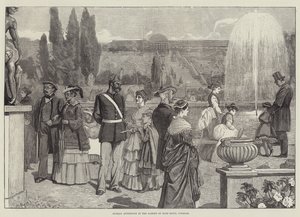周日下午在波茨坦的Sans Souci花园（雕版画）。 作者 英语学校