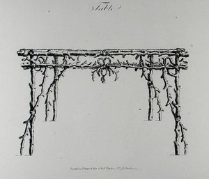 桌子，摘自《怪诞建筑，或乡村娱乐》，作者威廉-赖特，1768年出版（雕刻）（黑白照片）。 作者 英语学校
