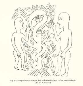 亚当和夏娃的诱惑，在考拉姆的字体上（版画） 作者 英语学校