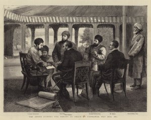 1879 年 5 月 26 日，阿米尔在甘达马克签署和平条约（雕刻） 作者 英语学校