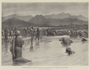 Chitral远征队，涉过斯瓦特河，向北看； 背景中的 Chatedarra 村（石版画） 作者 英语学校