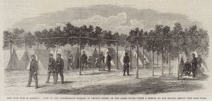 美国内战，德鲁里崖的同盟海军陆战队营地，位于詹姆斯河上（版画） 作者 英语学校