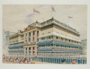 国王乔治五世（1856-1936）的加冕游行 1910年（纸上水彩）。 作者 英语学校