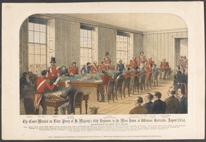 1854年8月在温莎军营的食堂对英国皇家第46团的佩里中尉进行的军事法庭审判（彩色平版印刷）。 作者 英语学校