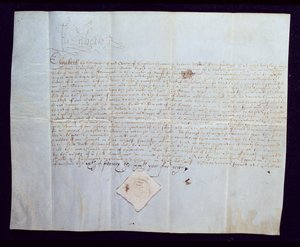 1572年女王伊丽莎白一世签署的托马斯霍华德，诺福克第四公爵的死亡保证书（牛皮纸上的墨水） 作者 英语学校