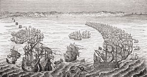 由弗朗西斯·德雷克爵士指挥的英国舰队于1588年攻击西班牙无敌舰队，由Brougham勋爵和其他人从“旧英格兰的骄傲”中攻击，出版于伦敦，1880年代 作者 英语学校