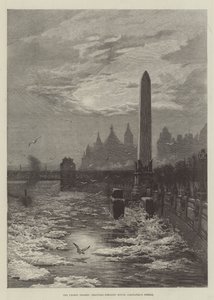 冰冻的泰晤士河，海鸥绕着克利奥帕特拉之针盘旋（雕刻）。 作者 英语学校