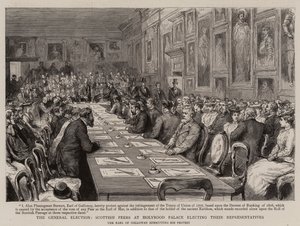 大选，苏格兰议员在荷里路德宫选举他们的代表（雕刻）。 作者 英语学校