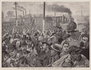 芝加哥铁路大罢工，美国骑兵驱散暴徒（石版画） 作者 英语学校