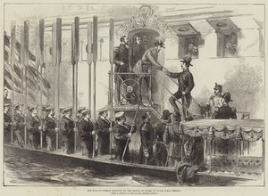 威尔士亲王在 HMS Serapis 上收到的希腊国王（雕刻） 作者 英语学校