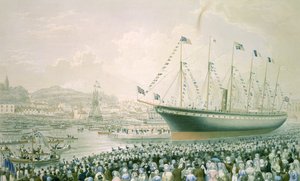 “大不列颠”轮船于 1843 年 7 月 9 日在布里斯托尔下水，约 1843 年（彩色石版画） 作者 英语学校