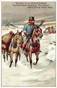 邮车被大雪覆盖，卫兵在搬运信袋（彩色石版画） 作者 英语学校