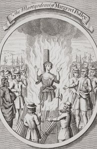 玛格丽特-波利在坦布里奇的殉难，选自《焚烧殉难者》，1741 年出版（石版印刷）。 作者 英语学校
