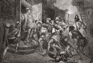 圣巴塞洛缪大屠杀：袭击科利尼斯住宿，詹姆斯艾特肯威利（1808-1890），酒吧的新教历史插图。 1878年 作者 英语学校
