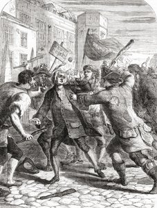 1780 年戈登骚乱期间，英国伦敦威斯敏斯特宫庭院内的“非教皇派”暴徒袭击议会议员。 作者 英语学校