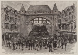 女王陛下剧院的英国古镇、大门和 Portcullis（雕刻） 作者 英语学校