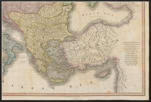 来自欧洲的奥斯曼帝国，描述了 1815 年 11 月 20 日巴黎最终条约所同意和确认的领土的所有变化，以及其几个帝国和国家边界线的偏差，1816 年出版（彩色）。 作者 英语学校