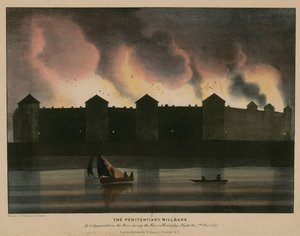 伦敦米尔班克监狱，它在1835年10月7日晚上的火灾中从河里出现 作者 英语学校