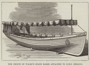 连接到 HMS Serapis 的威尔士亲王的州驳船（雕刻） 作者 英语学校