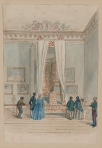 女王寝宫与安妮女王的国床，约 1860-70 年（纸面水彩画） 作者 英语学校