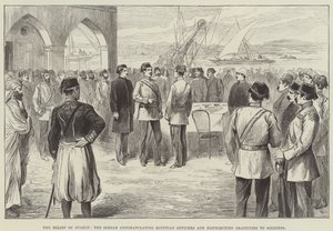 Suakin 的救济，Sirdar 祝贺埃及军官并向士兵分发小费（雕刻） 作者 英语学校